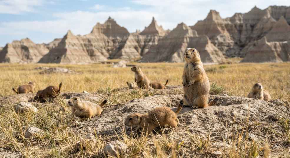 תקריב של כלב ערבה (Prairie Dog) עומד על רגליו האחוריות ליד המחילה שלו בערבה של הפארק הלאומי בדלנדס, כשברקע ניצבות תצורות סלע וצריחי גיר.