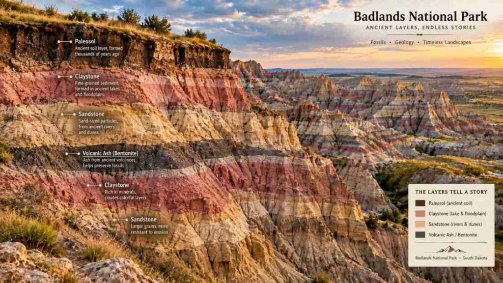 שלט מידע גיאולוגי של הפארק הלאומי בדלנדס (Badlands National Park) המציג את שכבות הסלע השונות, דיאגרמת חתך של הקניון, הסברים על אבן חול, אפר וולקני וחימר, לצד תצוגה של מקרא השכבות.