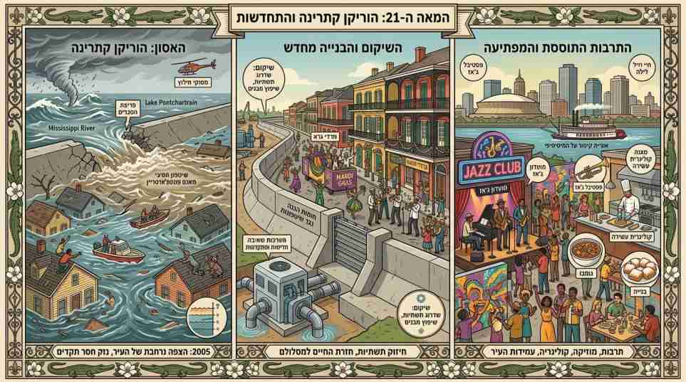 איור היסטורי המתאר את המאה ה-21 בניו אורלינס, כולל אסון הוריקן קתרינה, מערכות השיקום וההגנה החדשות, והתחדשות חיי התרבות, המוזיקה והקולינריה בעיר.