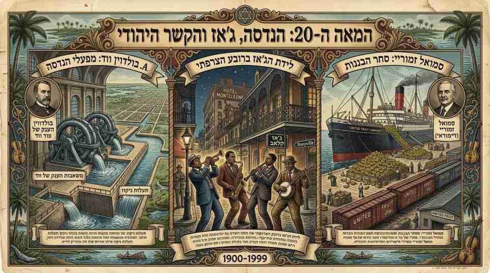 איור היסטורי המתאר את ניו אורלינס במאה ה-20, כולל מערכות הניקוז והמשאבות של בולדווין ווד, הולדת הג'אז, סטוריוויל ופועלו של סמואל זמוריי.