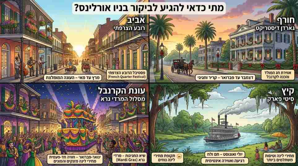 איור ויזואלי המחולק לארבע עונות השנה לביקור בניו אורלינס, כולל אביב, חורף, קיץ ועונת הקרנבל.
