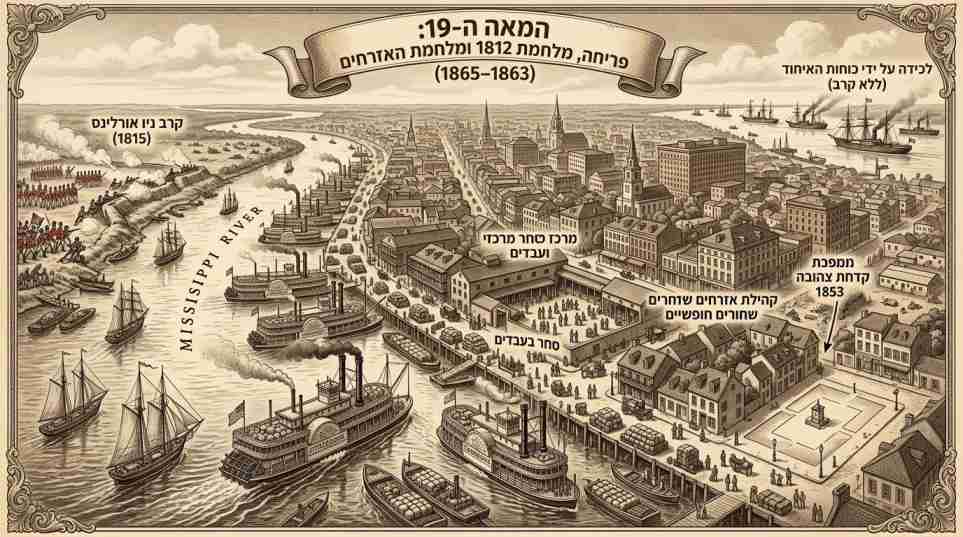 איור היסטורי המתאר את ניו אורלינס במאה ה-19, כולל נמל המסחר, ספינות נהר, קרב ניו אורלינס ואירועים מרכזיים בתקופת מלחמת האזרחים.