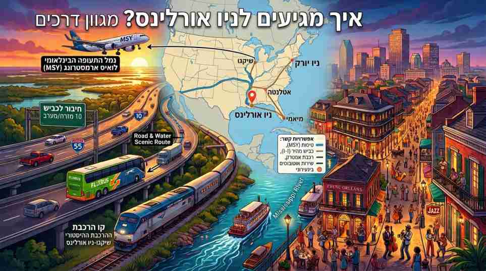 איור מפורט המציג את אפשרויות ההגעה לניו אורלינס בטיסה, ברכב פרטי, ברכבת ובאוטובוס.