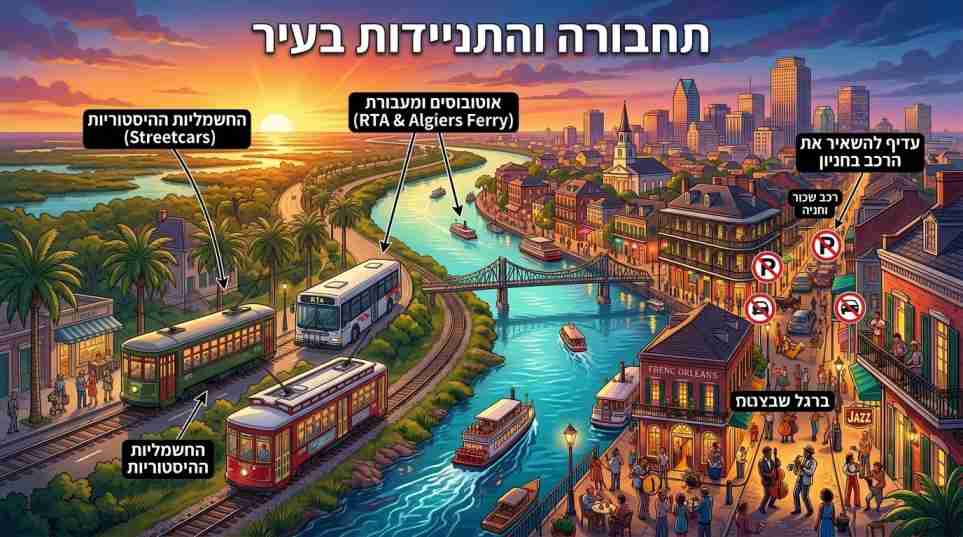 איור מפורט המציג את אמצעי התחבורה וההתניידות בעיר ניו אורלינס, כולל חשמליות היסטוריות, אוטובוסים וקווי מעבורת.