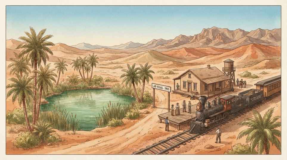 איור היסטורי של תחנת הרכבת הראשונה של לאס וגאס משנת 1905 בלב המדבר