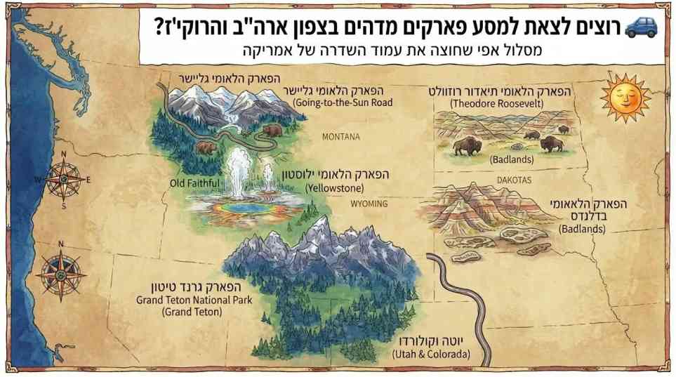 מפת דרכים אזורית המציגה את מסלולי הטיול המומלצים והפארקים הלאומיים.