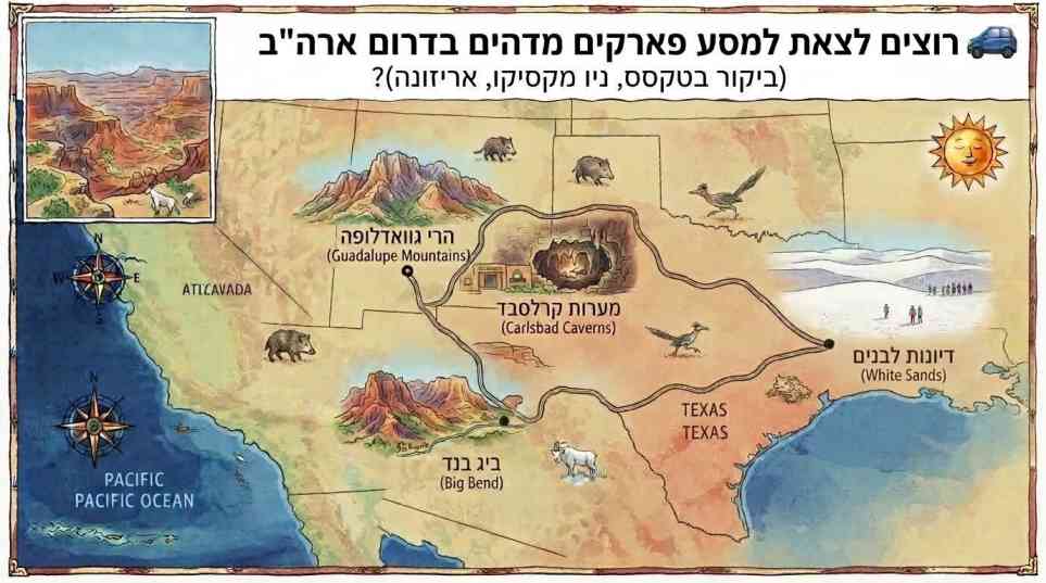 מפת דרכים מאוירת של מסלול טיול ופארקים לאומיים בדרום ארצות הברית, טקסס וניו מקסיקו.