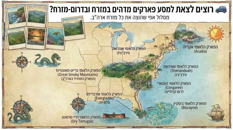 מפת דרכים מאוירת של מסלול טיול ופארקים לאומיים במזרח ובדרום-מזרח ארצות הברית, ממיין ועד פלורידה.
