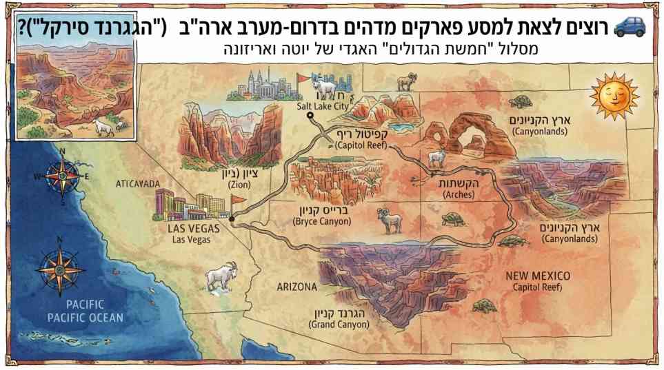 מפת דרכים מאוירת של מסלול הגראנד סירקל ופארקים לאומיים בדרום-מערב ארצות הברית, יוטה ואריזונה.