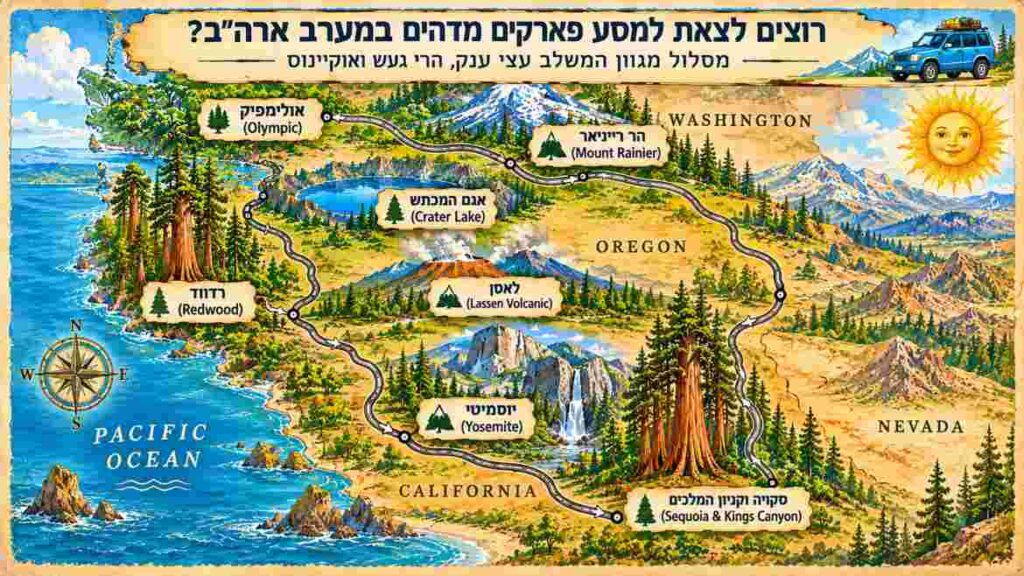 מפת דרכים מאוירת של מסלול טיול ופארקים לאומיים במערב ארצות הברית, קליפורניה, אורגון וושינגטון.